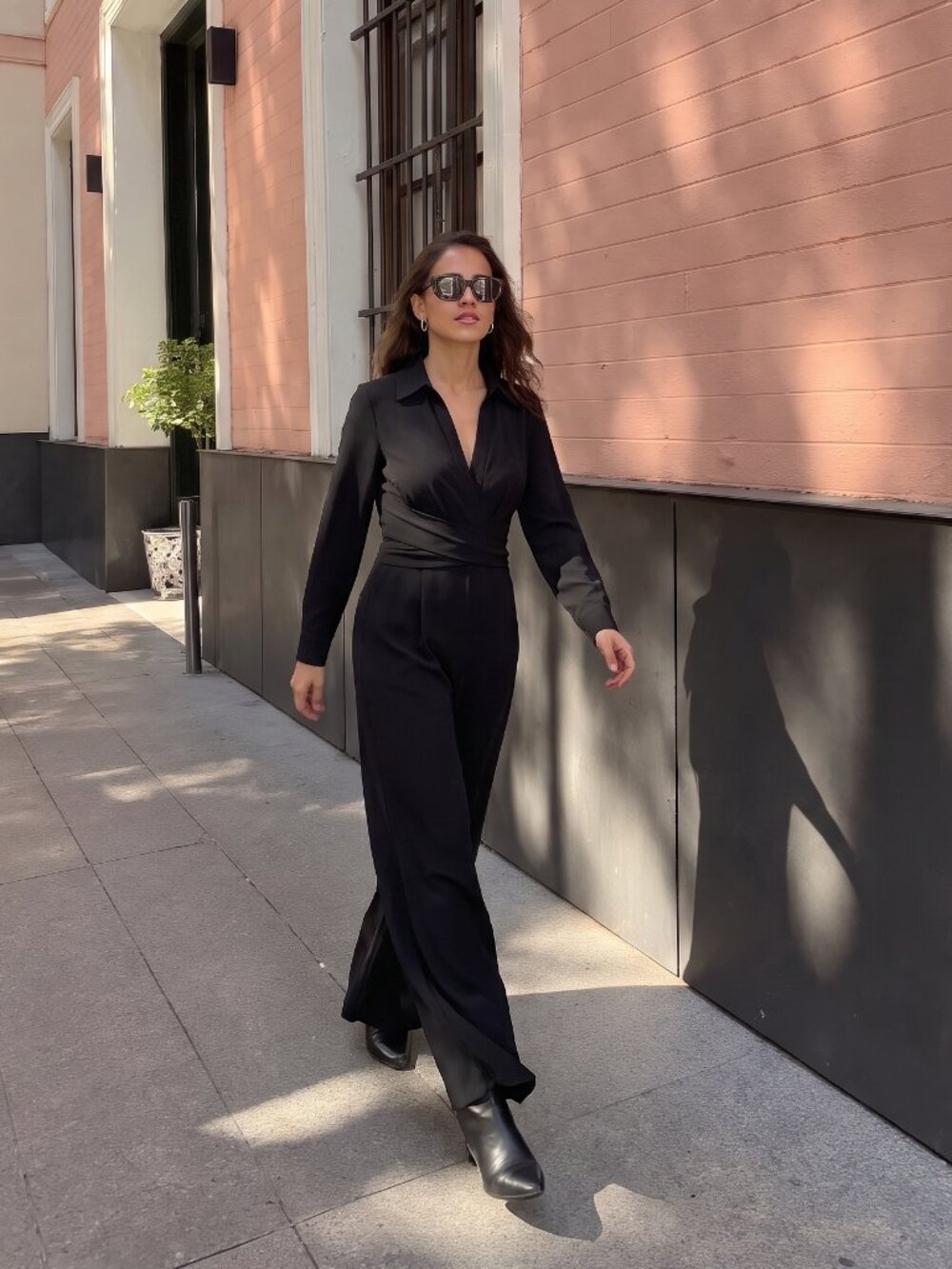 Norma Kamali Black Wide Leg Jumpsuit Twist Waist Shirt Collar Jersey Size S
